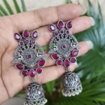 Bulk 202 Premium Dangler Oxidized Jhumka Earring With Beautiful Pearl Work Detailing - "Red"