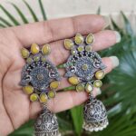 Bulk 204 Premium Dangler Oxidized Jhumka Earring With Beautiful Pearl Work Detailing - "Yellow"