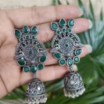 Bulk 194 Premium Dangler Oxidized Jhumka Earring With Beautiful Pearl Work Detailing - "Green"