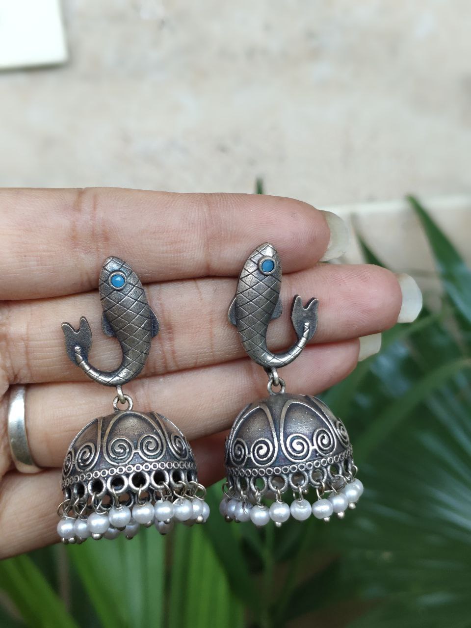 Fish Jhumka Earring with Traditional Attractive Artistic Oxidized Design 6 Fish jhumka earring oxidized silver look traditional ethnic jewelry for women