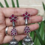 Bulk 122 Silver Floral Art Jhumka Earrings with Beautiful Premium Light weight Jewelry - "Red"