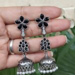 Bulk 120 Silver Floral Art Jhumka Earrings with Beautiful Premium Light weight Jewelry - "Black"