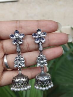 Floral Art Jhumka oxidized silver traditional brass earrings with intricate floral design