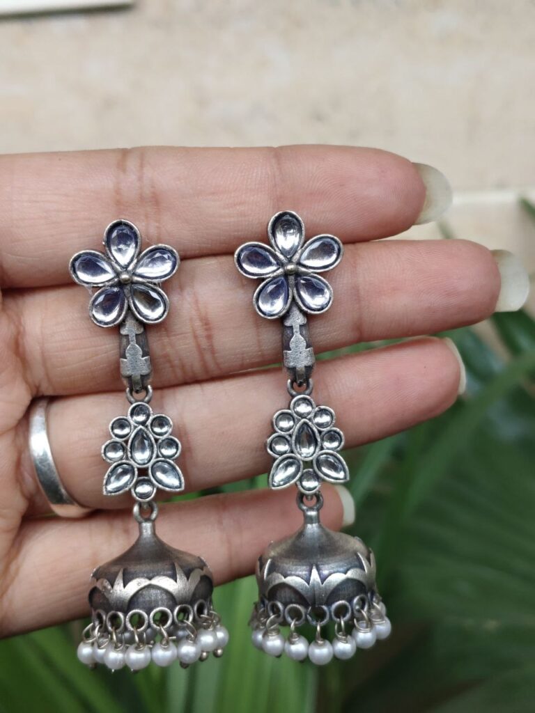 Silver Floral Art Jhumka Earrings with Beautiful Premium Light weight Jewelry