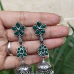 Bulk 118 Silver Floral Art Jhumka Earrings with Beautiful Premium Light weight Jewelry - "Green"