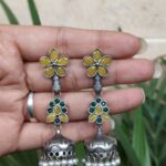 Bulk 114 Silver Floral Art Jhumka Earrings with Beautiful Premium Light weight Jewelry - "Yellow"