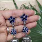 Bulk 110 Silver Floral Art Jhumka Earrings with Beautiful Premium Light weight Jewelry - Blue
