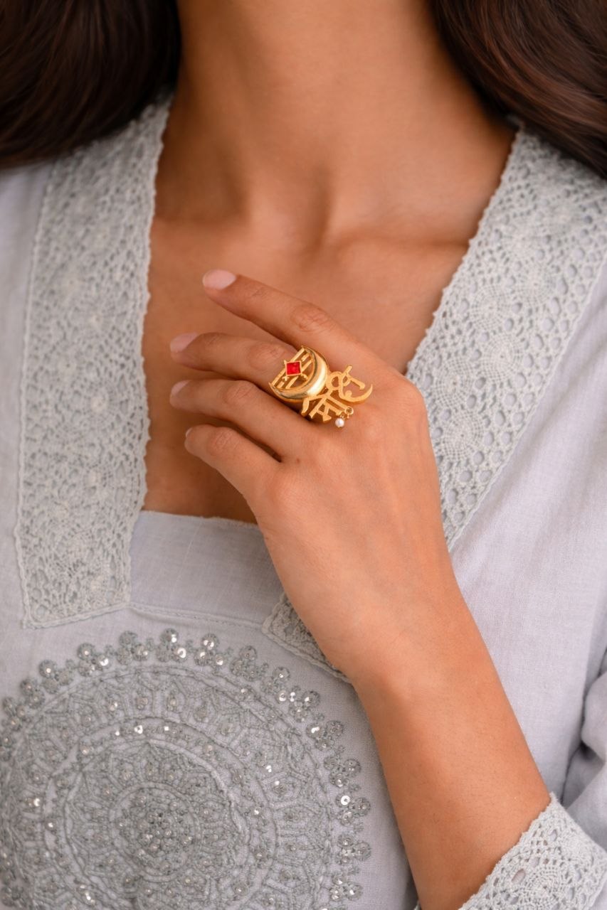 Gold Plated Moksh Ring Stunning Elegant Design for Graceful Traditional Look 1 Gold Plated Moksh Ring stylish brass jewelry design