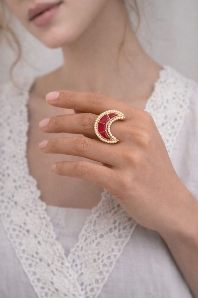 Meenakari Moon Ring Elegant Stunning Traditional Design for Graceful Women