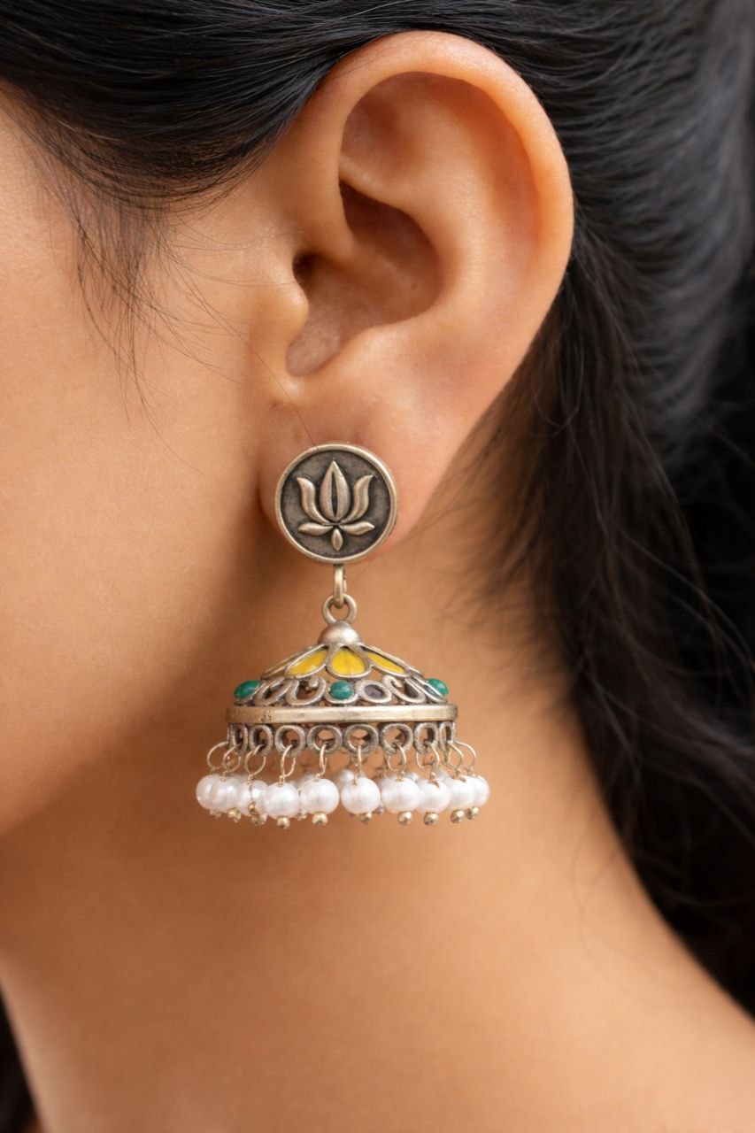Silver Lotus Jhumka Elegant Dazzling Traditional Earrings for Graceful Women 1 Silver Lotus Jhumka stylish brass jewelry design
