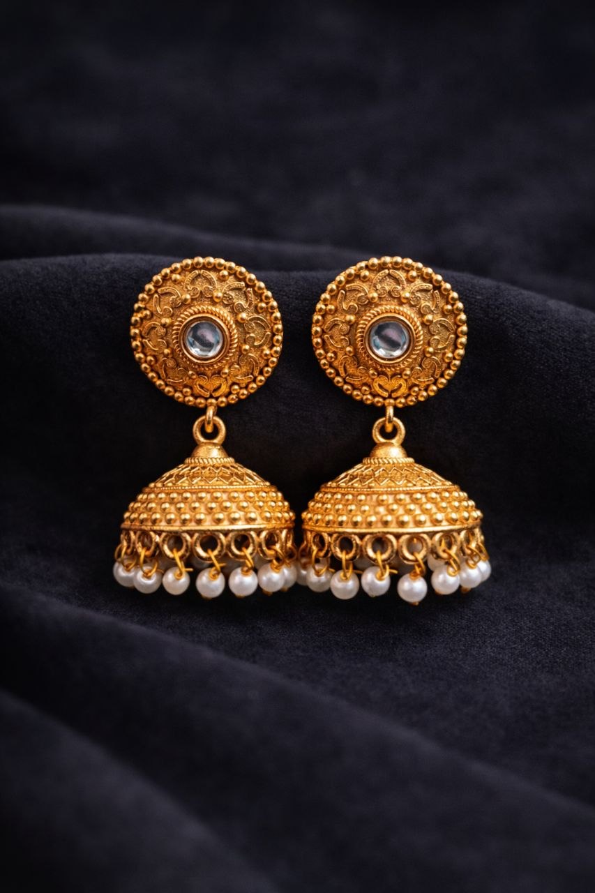 Gold Plated Jhumka Design for Gorgeous Festive Wear Look 7 Gold Plated Jhumka stylish brass jewelry design