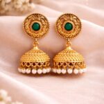 Gold Plated Jhumka Design for Gorgeous Festive Wear Look - "Green"