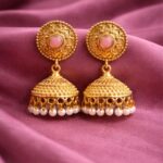 Gold Plated Jhumka Design for Gorgeous Festive Wear Look - ''BabyPink''