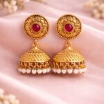 Gold Plated Jhumka Design for Gorgeous Festive Wear Look - "Red"