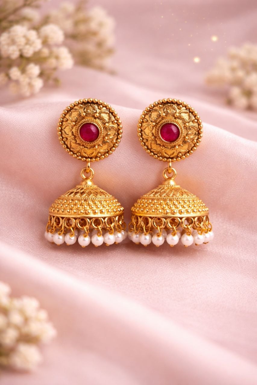 Gold Plated Jhumka Design for Gorgeous Festive Wear Look 3 Gold Plated Jhumka stylish brass jewelry design