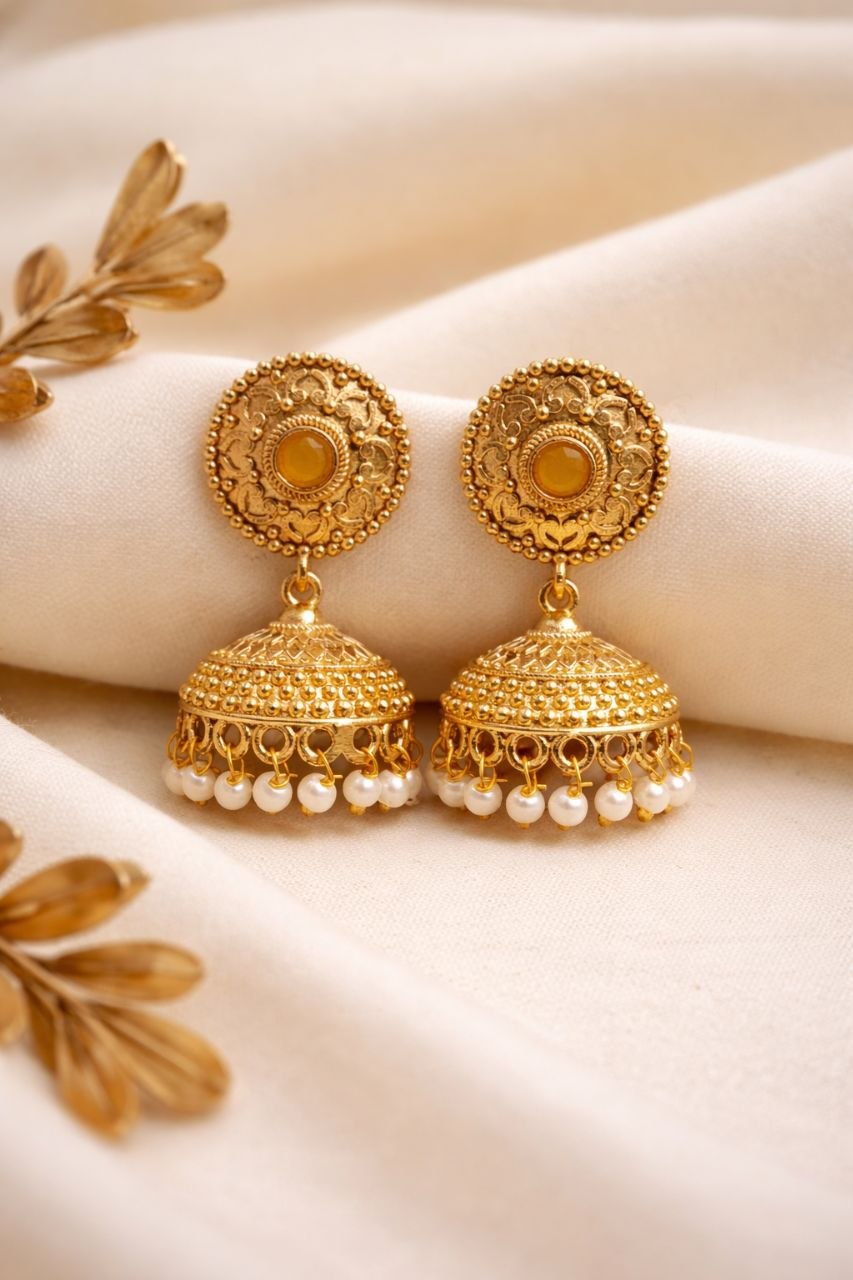 Gold Plated Jhumka Design for Gorgeous Festive Wear Look 1 Gold Plated Jhumka stylish brass jewelry design