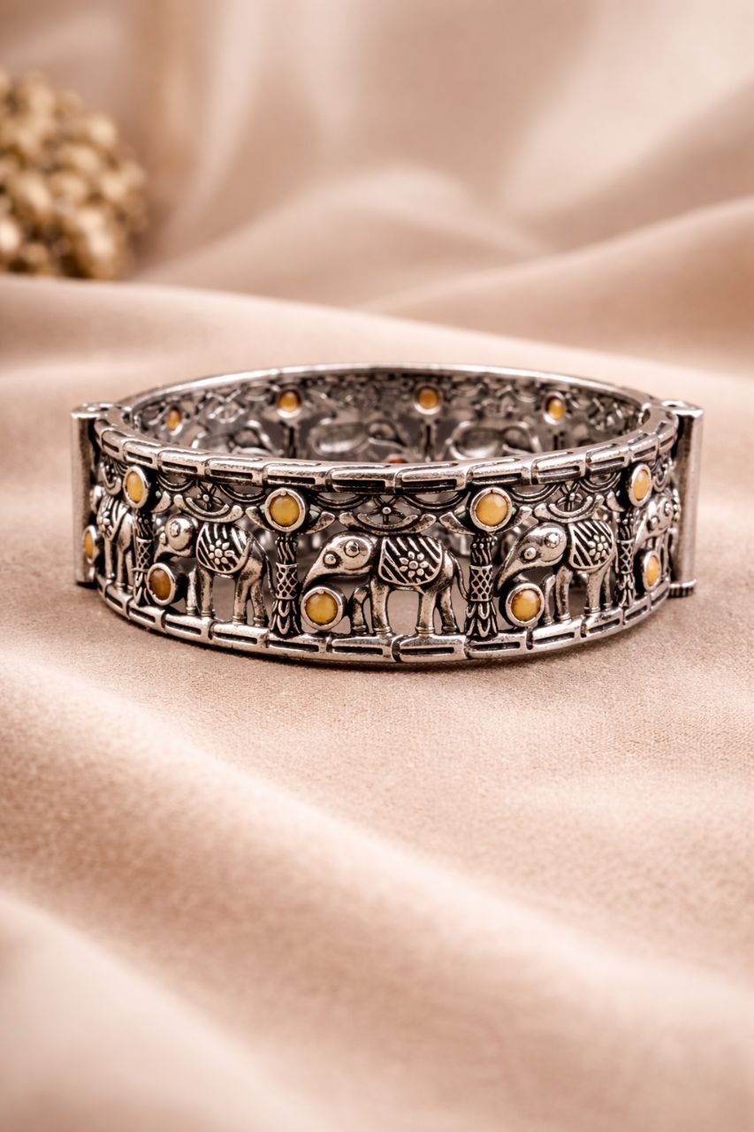 Oxidized Elephant Bangle Design with Premium Finishing Stone Work Detailing 2 Oxidized Elephant Bangle stylish brass jewelry design