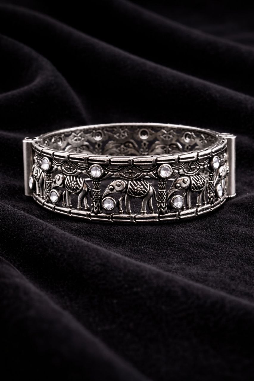 Oxidized Elephant Bangle Design with Premium Finishing Stone Work Detailing 4 Oxidized Elephant Bangle stylish brass jewelry design