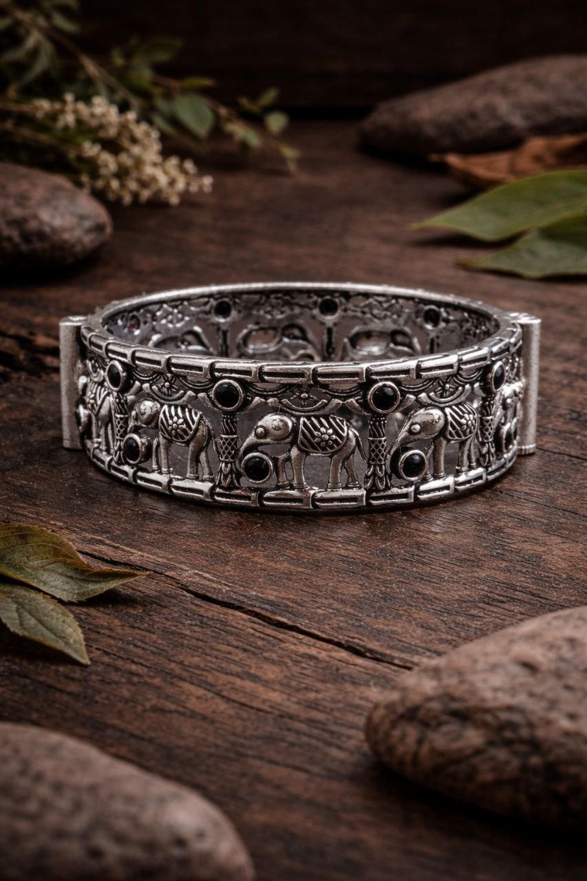 Oxidized Elephant Bangle Design with Premium Finishing Stone Work Detailing 7 Oxidized Elephant Bangle stylish brass jewelry design
