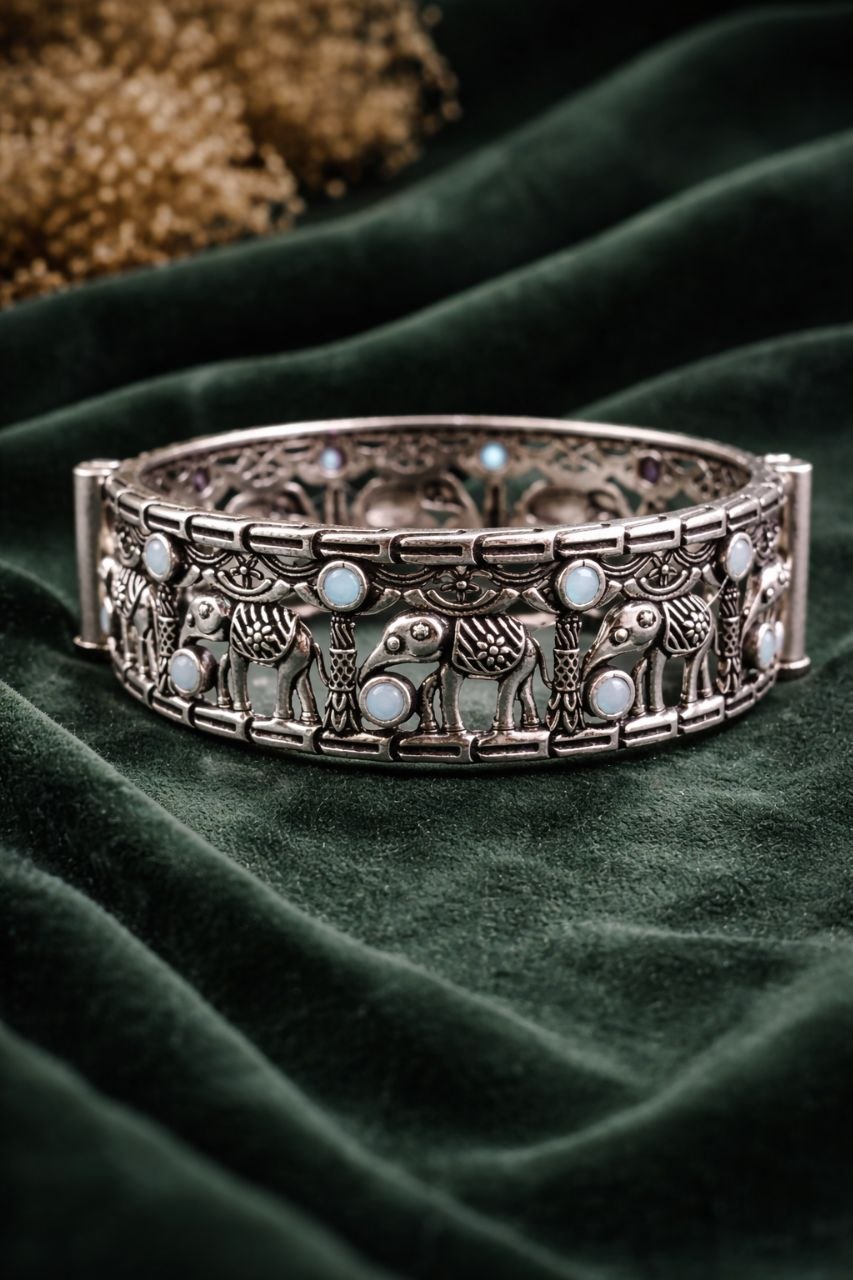 Oxidized Elephant Bangle Design with Premium Finishing Stone Work Detailing 8 Oxidized Elephant Bangle stylish brass jewelry design