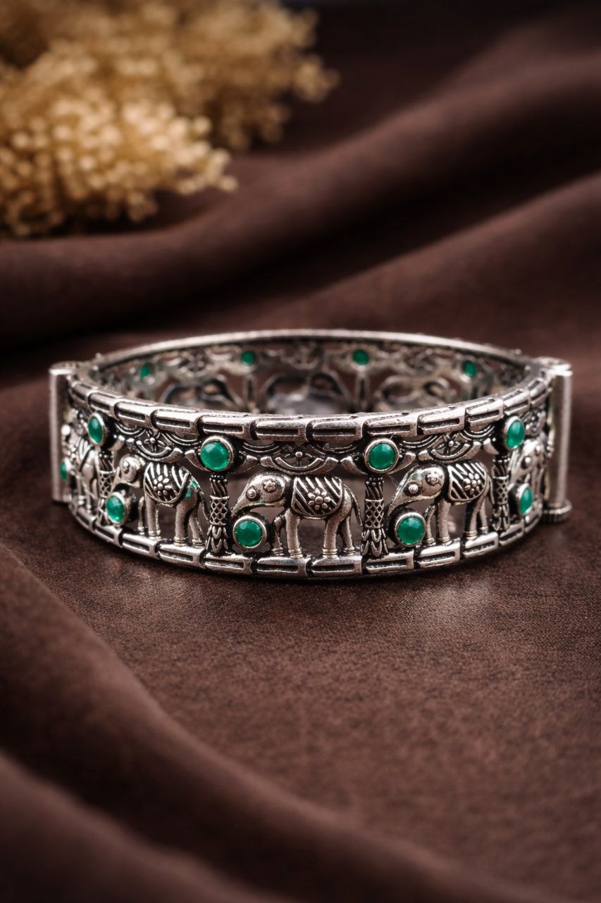 Oxidized Elephant Bangle Design with Premium Finishing Stone Work Detailing 9 Oxidized Elephant Bangle stylish brass jewelry design