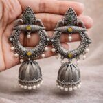 Silver Jhumka Earring Gorgeous Traditional Design with Elegant Shine Jewelry For Women - "Yellow-Green"