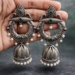 Silver Jhumka Earring Gorgeous Traditional Design with Elegant Shine Jewelry For Women - "Green"