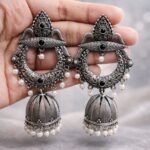 Silver Jhumka Earring Gorgeous Traditional Design with Elegant Shine Jewelry For Women - "Black"