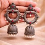 Silver Jhumka Earring Gorgeous Traditional Design with Elegant Shine Jewelry For Women - "Red"