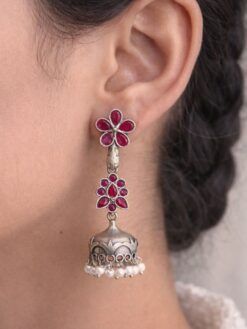 Floral Art Jhumka oxidized silver traditional brass earrings with intricate floral design