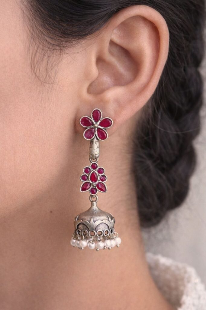Silver Floral Art Jhumka Earrings with Beautiful Premium Light weight Jewelry
