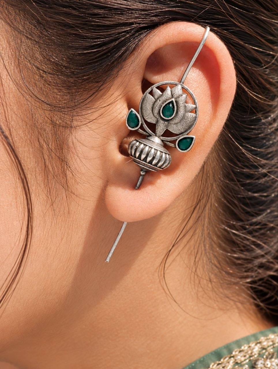 Silver Lotus Earcuff with Graceful Traditional Inspired Statement Jewelry 1 Lotus earcuff oxidized silver look floral ear jewelry for women
