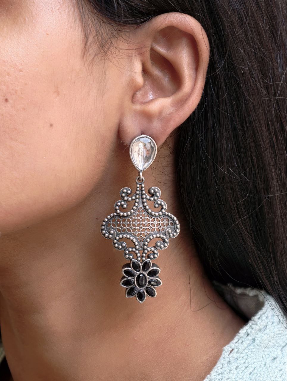 Stunning Silver Flower Dangler with Elegant Ethnic Appeal 8 Elegant Silver Flower Dangler with detailed floral design