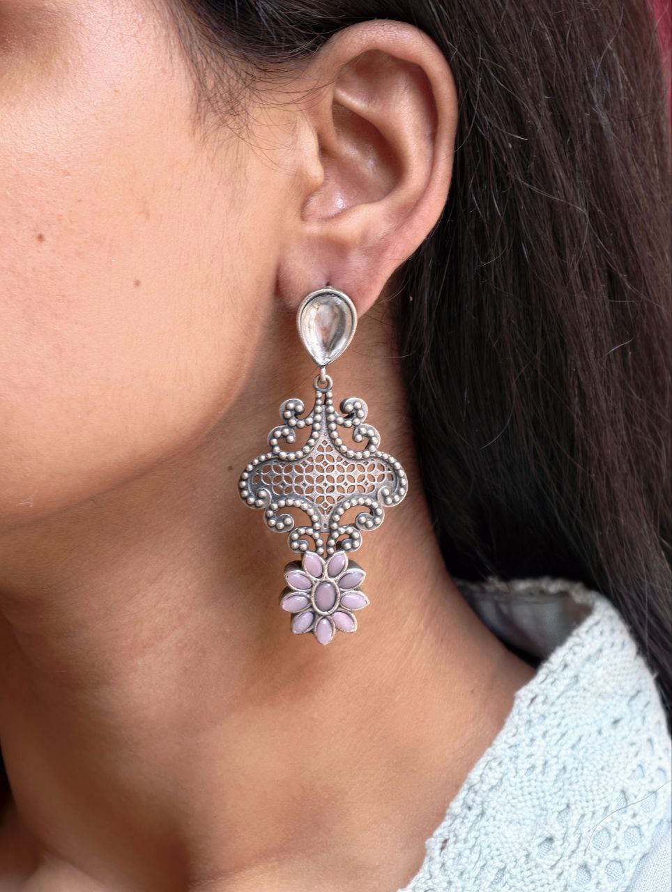 Stunning Silver Flower Dangler with Elegant Ethnic Appeal 7 Elegant Silver Flower Dangler with detailed floral design
