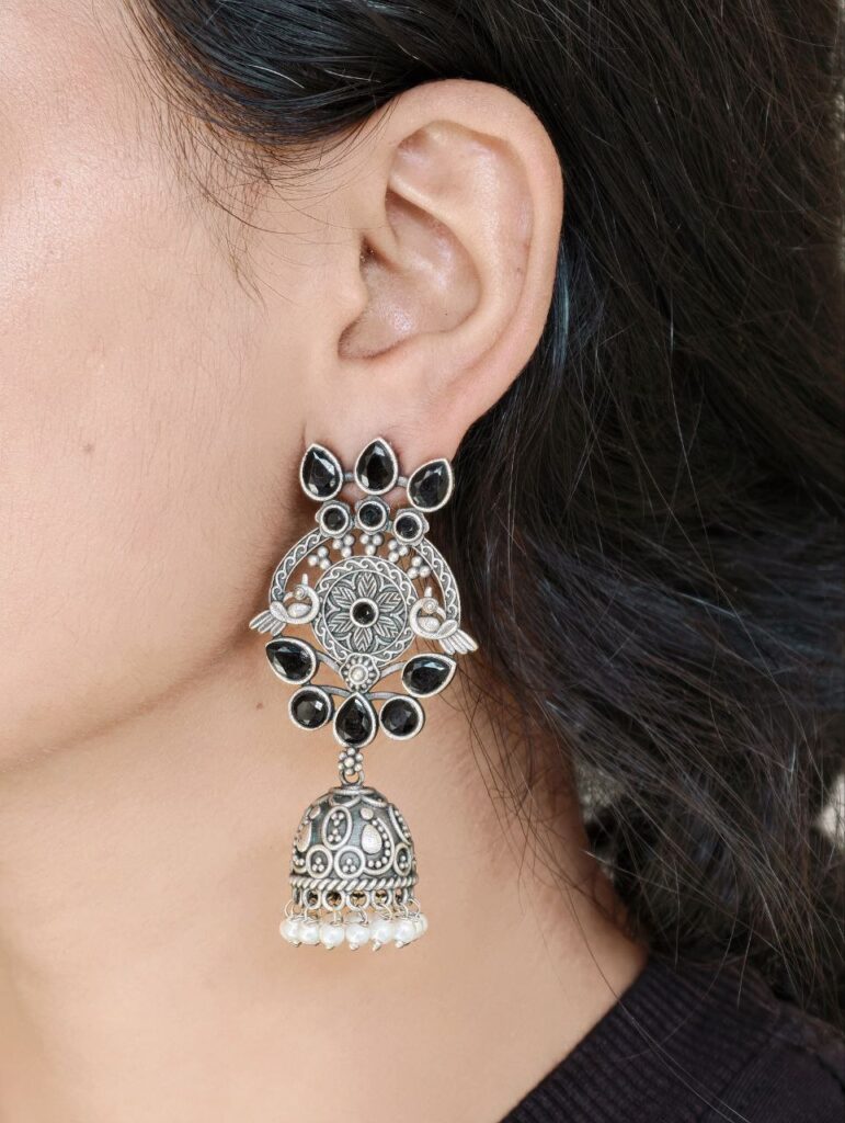 Premium Dangler Oxidized Jhumka Earring With Beautiful Pearl Work Detailing