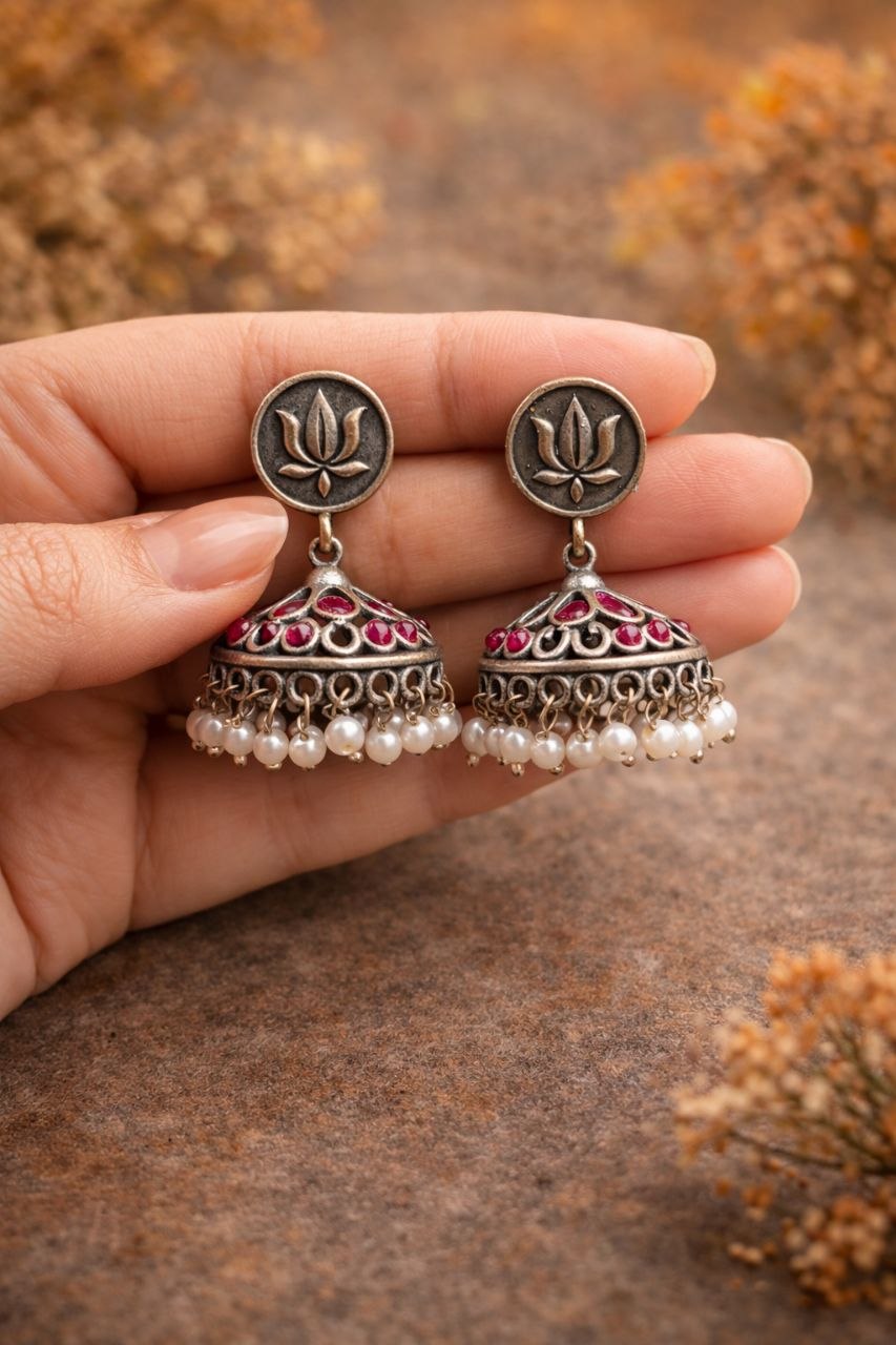 Silver Lotus Jhumka Elegant Dazzling Traditional Earrings for Graceful Women 4 Silver Lotus Jhumka stylish brass jewelry design
