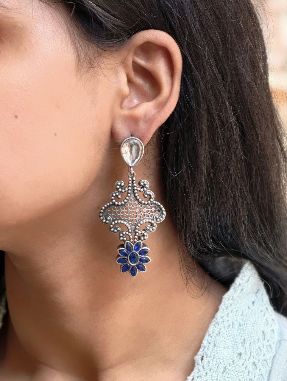 Stunning Silver Flower Dangler with Elegant Ethnic Appeal 6 Elegant Silver Flower Dangler with detailed floral design