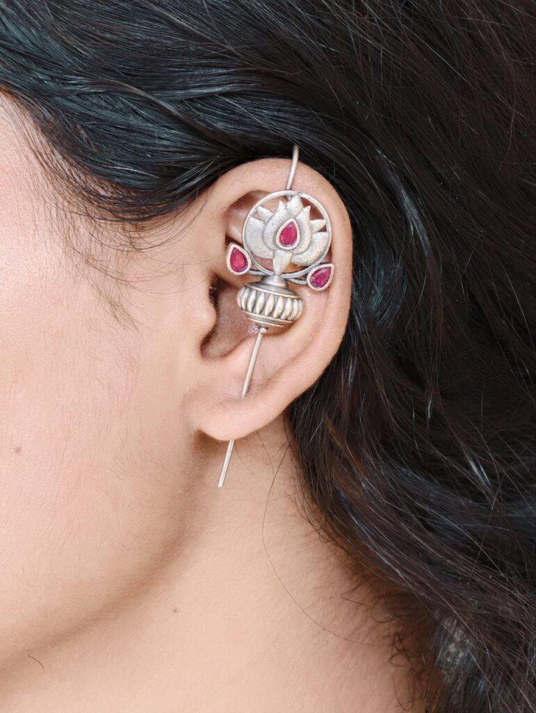 Silver Lotus Earcuff with Graceful Traditional Inspired Statement Jewelry