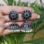 Stone Jhumka Earring Elegant Dazzling Traditional Design for Women - Black