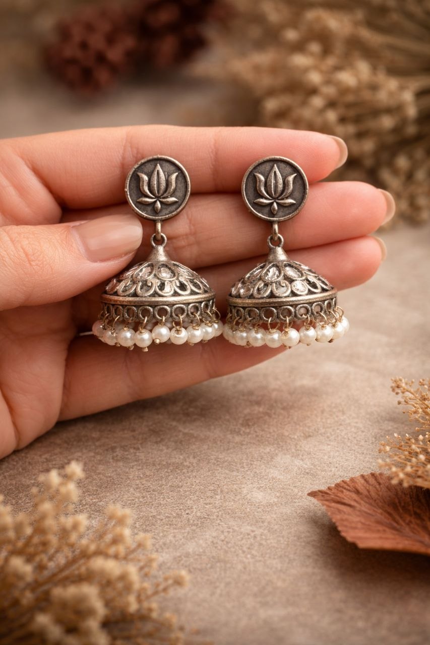 Silver Lotus Jhumka Elegant Dazzling Traditional Earrings for Graceful Women 5 Silver Lotus Jhumka stylish brass jewelry design