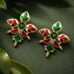 Gold-Plated Enamel Earring Elegant Dazzling Design for Stylish Women Wear - "Red-Green"