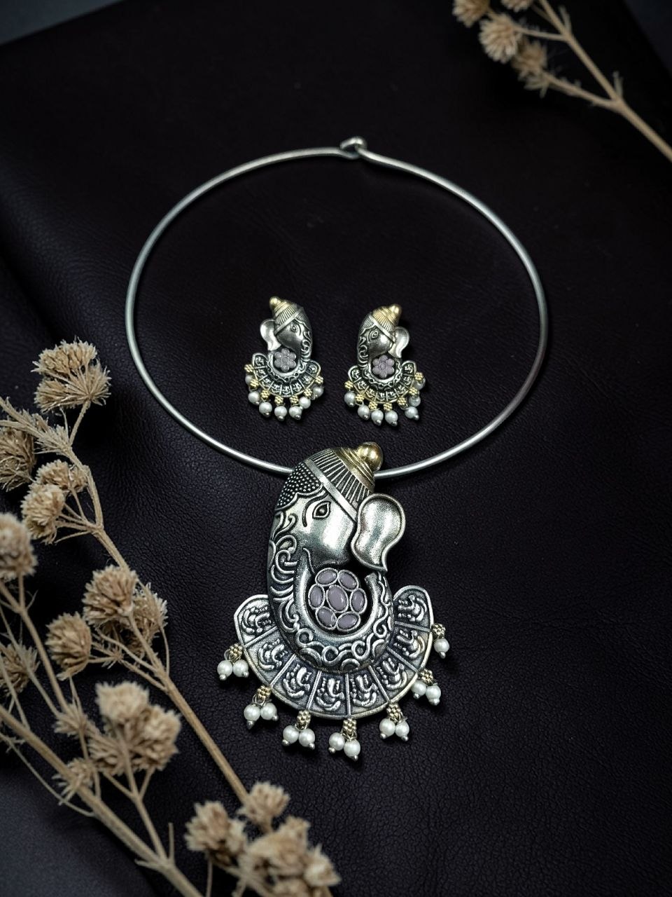 Lord Ganesha Hasli Stunning Two Tone Necklace for Graceful Festive Look 6 Lord Ganesha Hasli stylish brass jewelry design