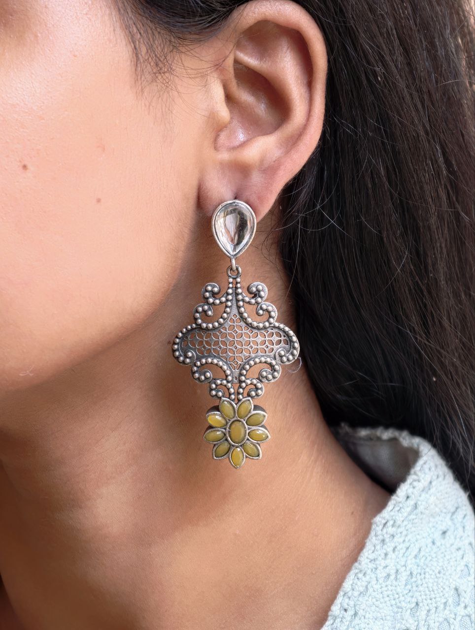 Stunning Silver Flower Dangler with Elegant Ethnic Appeal 4 Elegant Silver Flower Dangler with detailed floral design