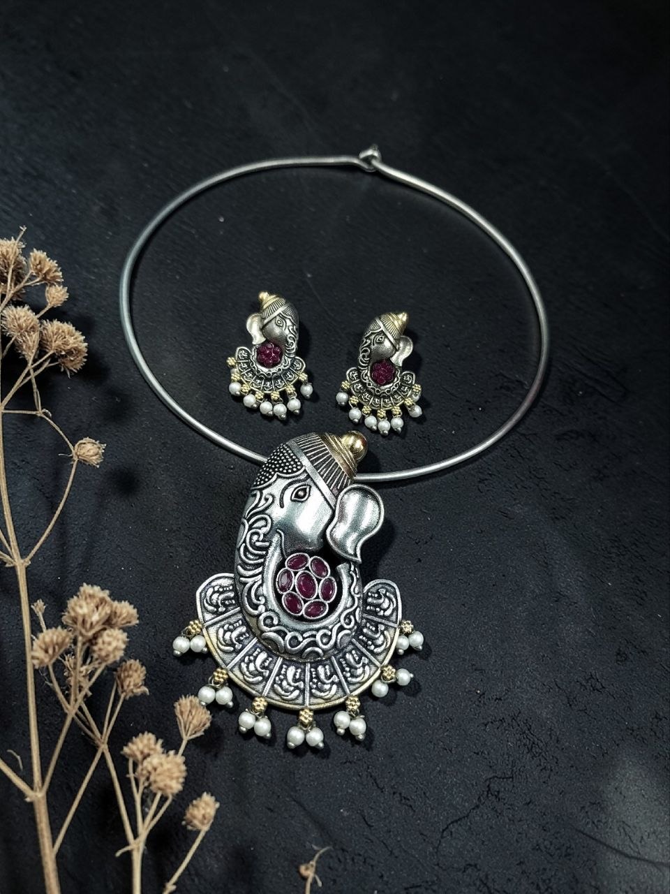 Lord Ganesha Hasli Stunning Two Tone Necklace for Graceful Festive Look 7 Lord Ganesha Hasli stylish brass jewelry design