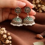 Silver Lotus Jhumka Elegant Dazzling Traditional Earrings for Graceful Women - "Green"