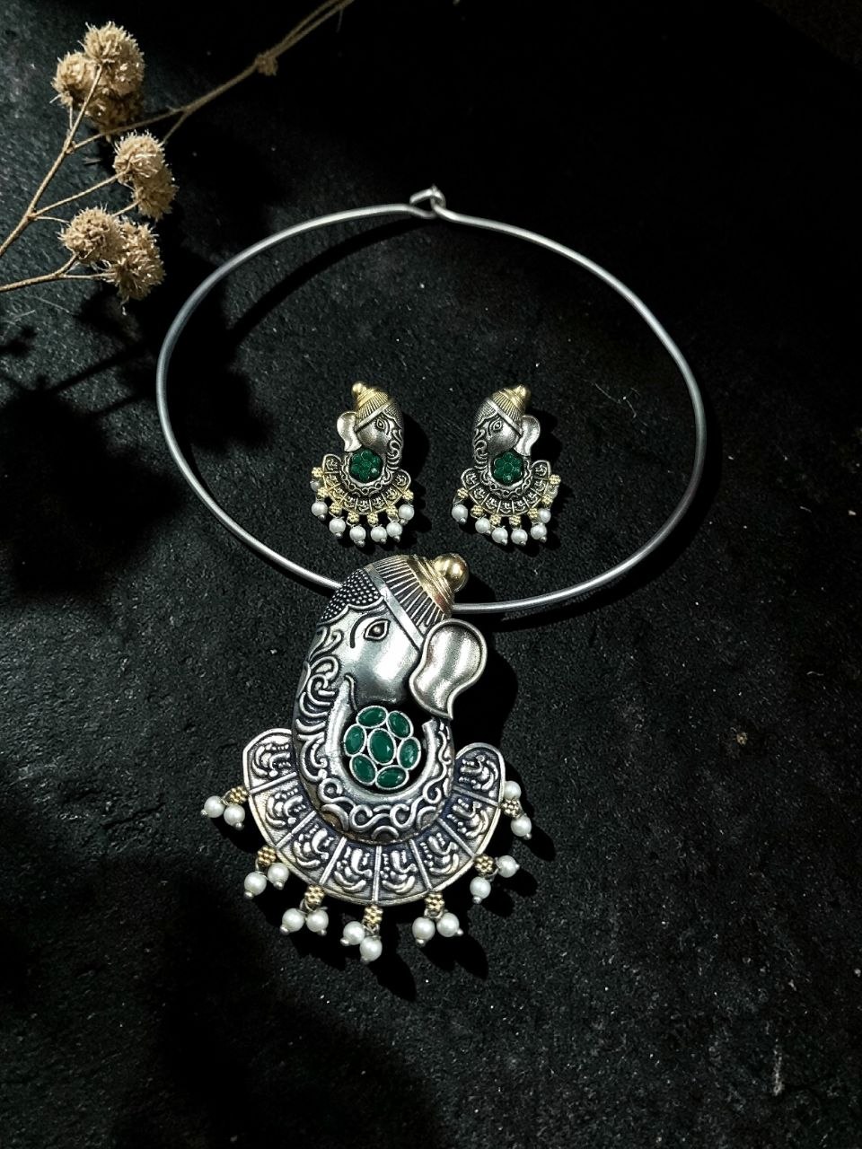 Lord Ganesha Hasli Stunning Two Tone Necklace for Graceful Festive Look 8 Lord Ganesha Hasli stylish brass jewelry design