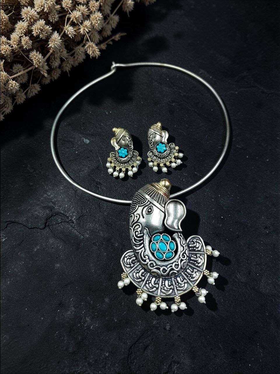 Lord Ganesha Hasli Stunning Two Tone Necklace for Graceful Festive Look 9 Lord Ganesha Hasli stylish brass jewelry design