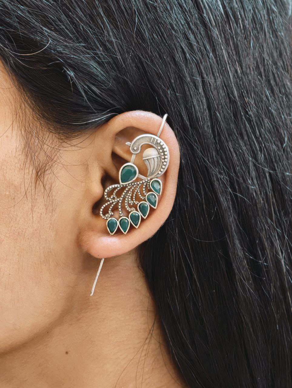 Graceful Ethnic Peacock Earcuff with Exquisite Traditional Detailing 1 Ethnic Peacock Earcuff brass traditional ear jewelry for festive occasions