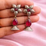 Oxidized Floral Art Earring Elegant Traditional Jewelry for Gorgeous Ethnic Style - "Red"
