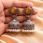 Beautiful Silver Drop Jhumka Stylish Jewelry for Pearl Work Detailing - "Yellow"